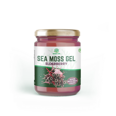 Jar of Sea Moss Gel with Elderberry Fruit - 16oz of nutrient-rich, wildcrafted sea moss gel infused with antioxidant-packed elderberries, perfect for enhancing health and wellness. Made in the USA with sustainable ingredients